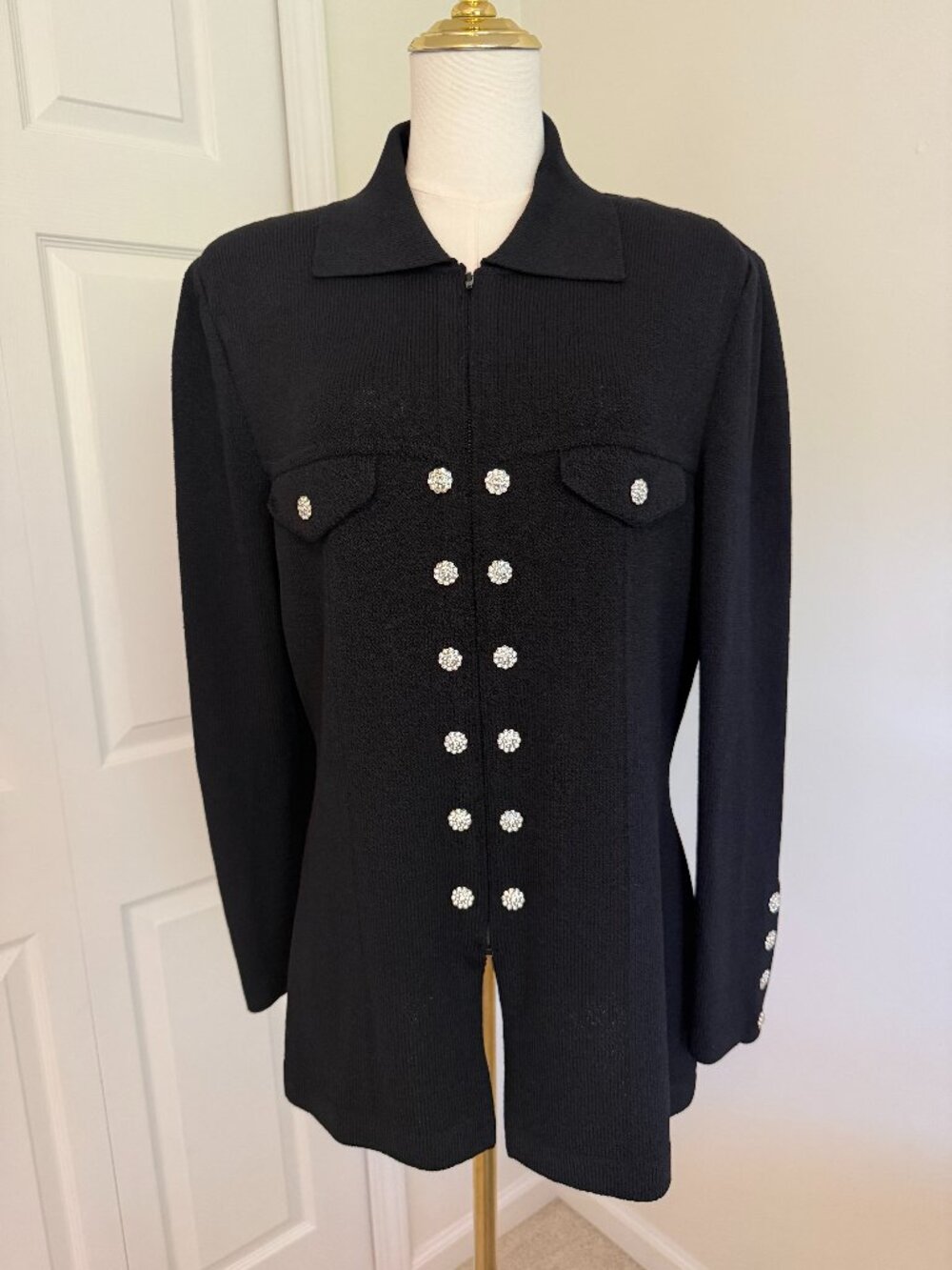 St. John Evening Basics Black Knit Crystal Button Jacket Size 10
